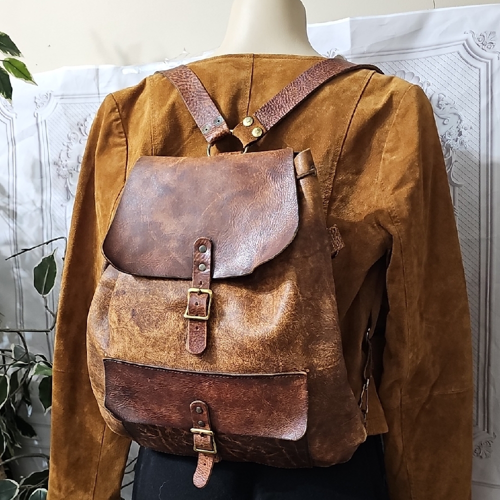 Vintage 1970s Leather Flap Closure Drawstring Backpack  Day Backpack Carry On